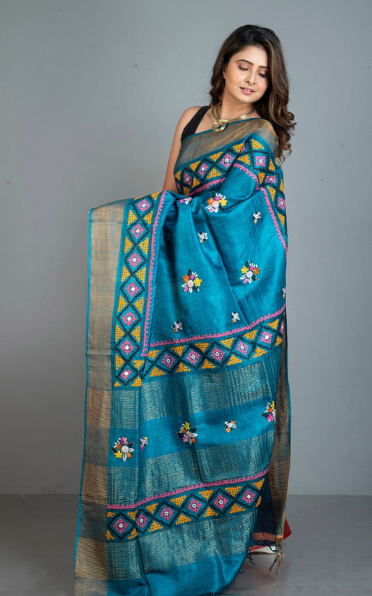 Hand Embroidery Kutch Work with French Knot Tussar Silk Saree in Blue, Dark Red and Multicolored