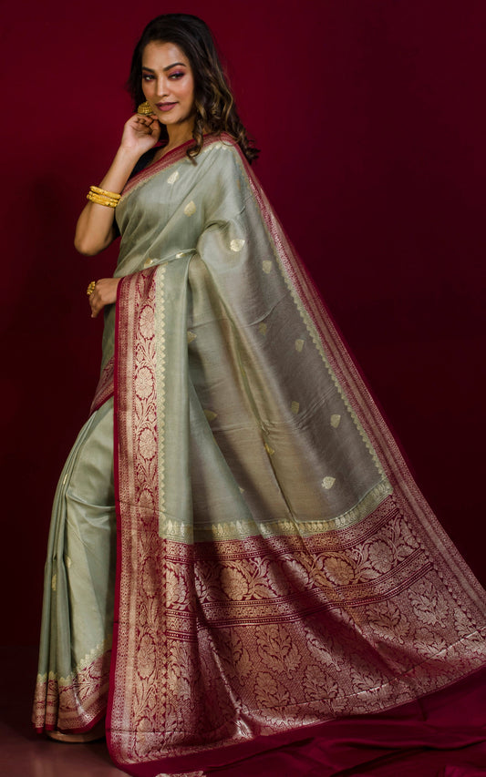 Premium Tussar Khaddi Georgette Banarasi Saree in Fern Green and Maroon