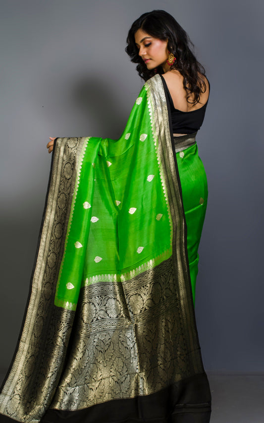 Premium Tussar Khaddi Georgette Banarasi Saree in Green and Black