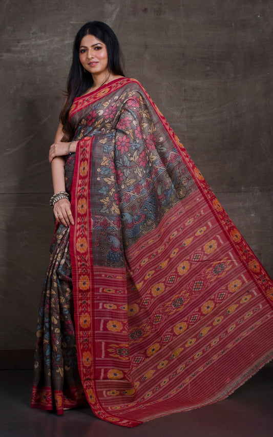 Hand Painted Kalamkari over Sambalpuri Tussar Kotki Silk Saree in Brown, Red and Multicolored
