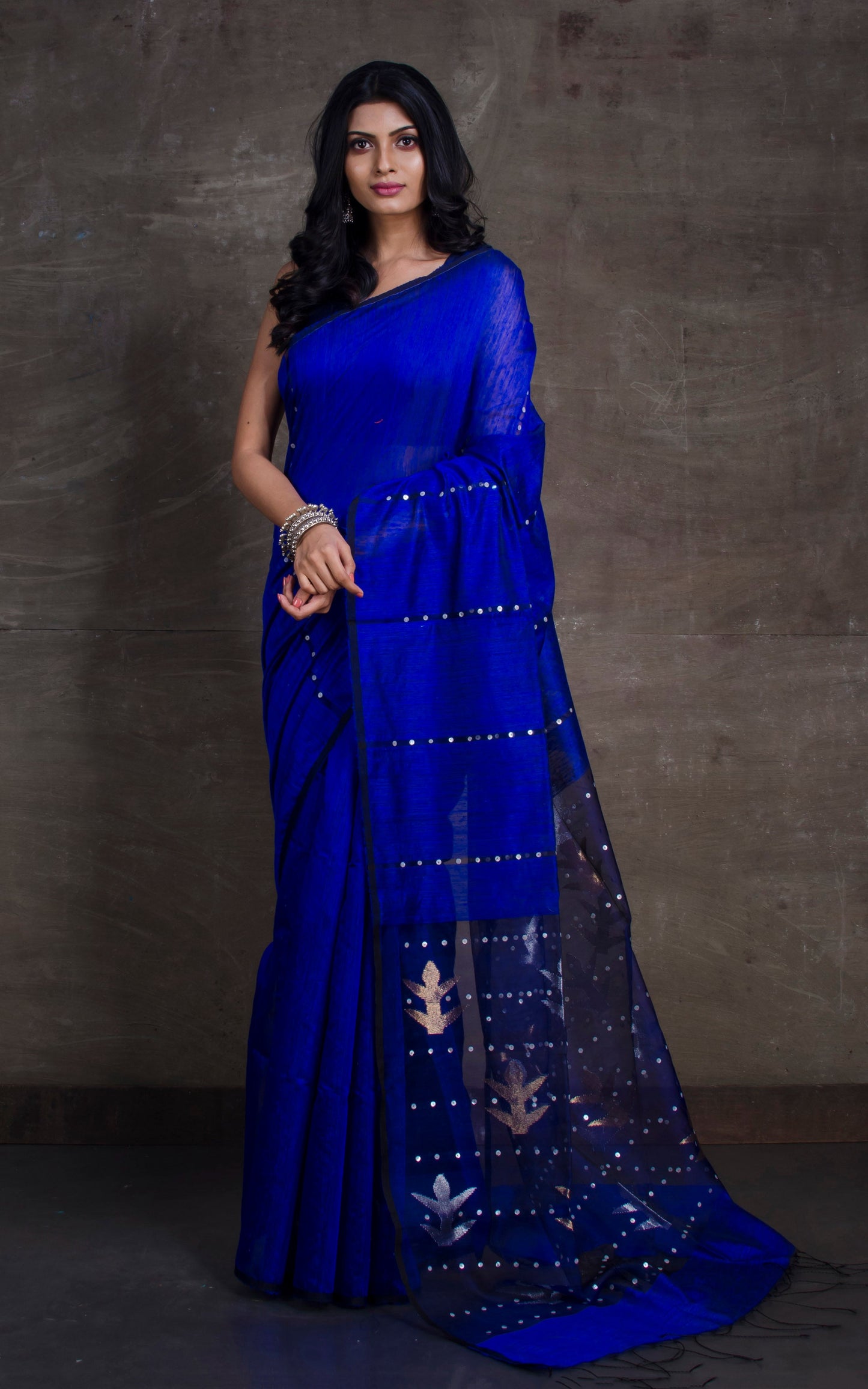 Woven Conch Shell Work Matka Tussar Silk Saree in Berry Blue and Black