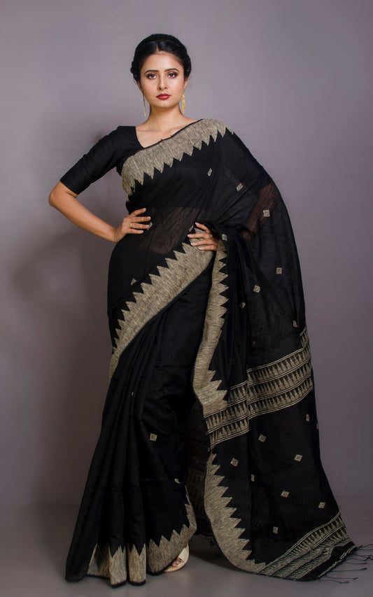 Woven Jute Work Matka Tussar Saree in Black and Natural Jute Color