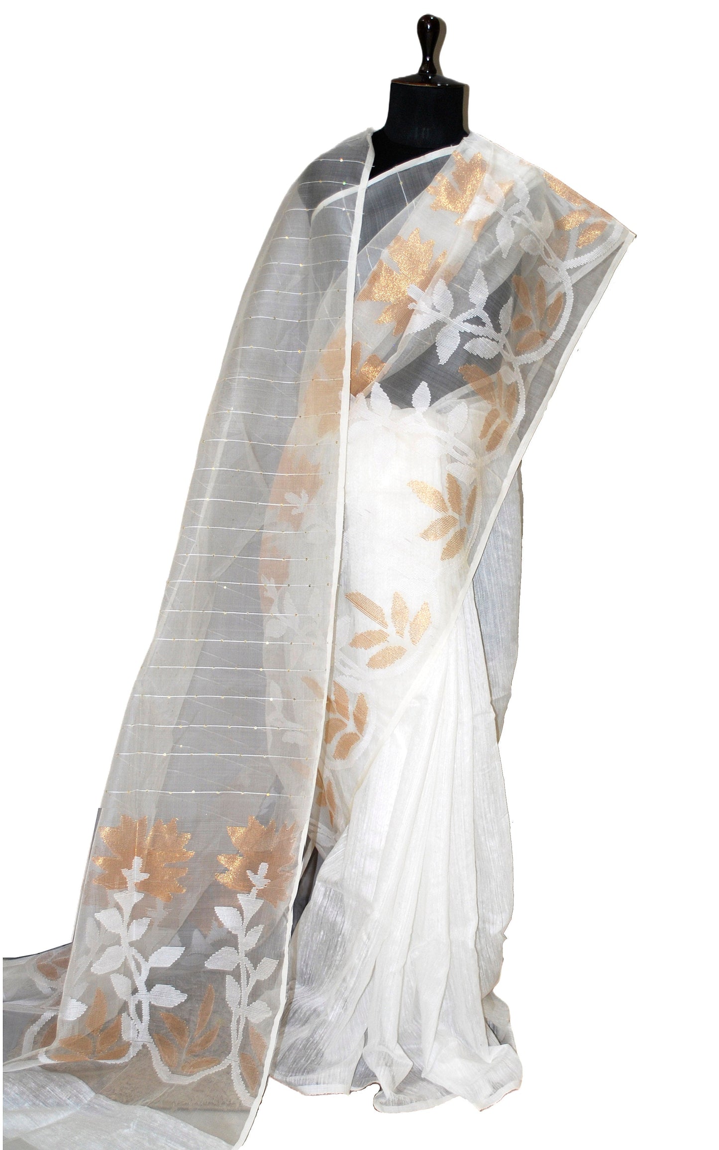 Sitara Work Half Tussar Silk and Half Muslin Saree in White and Gold