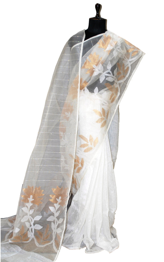 Sitara Work Half Tussar Silk and Half Muslin Saree in White and Gold