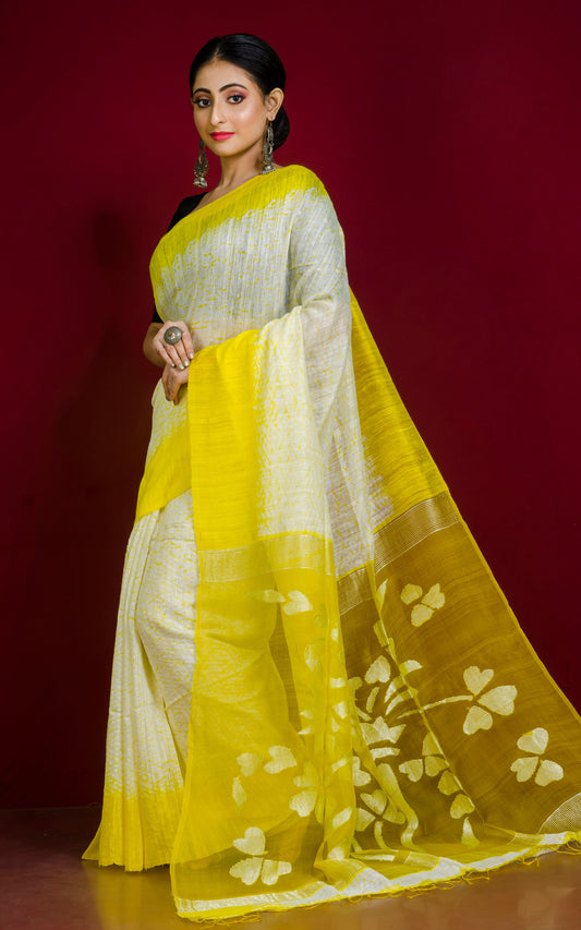 Pure Handloom Matka Shibori Jamdani Saree in Off White and Cadmium Yellow
