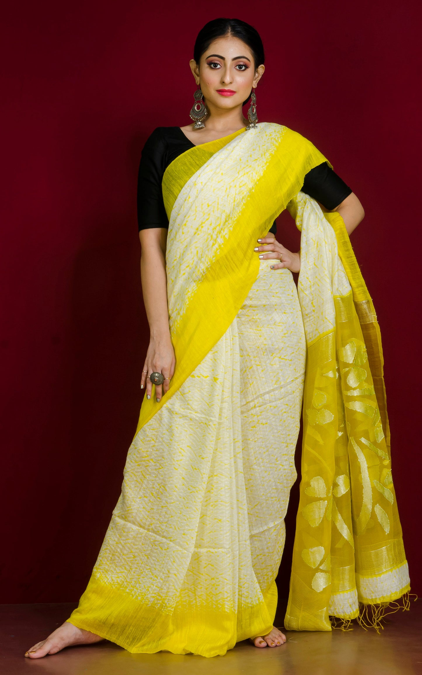 Pure Handloom Matka Shibori Jamdani Saree in Off White and Cadmium Yellow