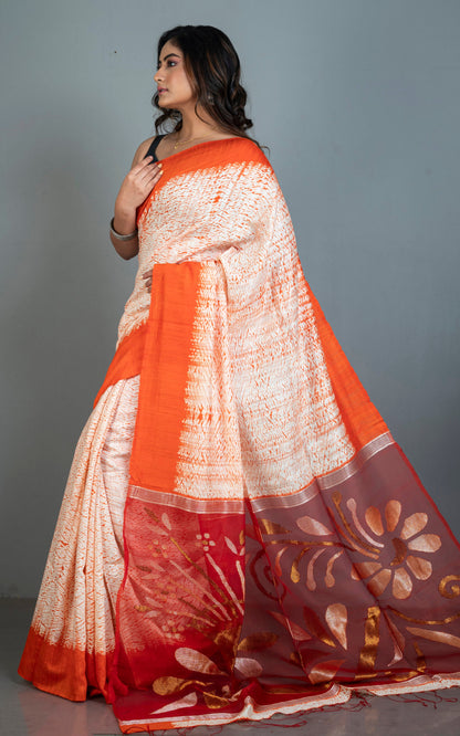 Tussar Shibori Matka Jamdani Saree in Off White, Orange with Copper and Silver Zari Work