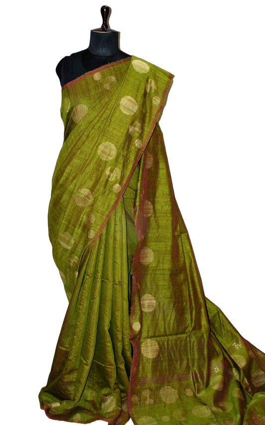 Premium Quality Kadiyal Dollar Butta Work Matka Tussar Saree in Olive Green, Gold and Silver