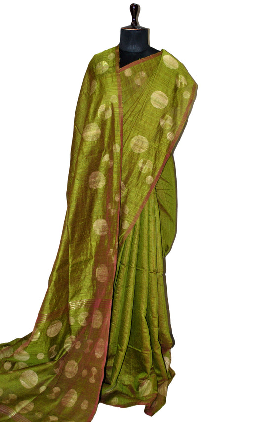 Premium Quality Kadiyal Dollar Butta Work Matka Tussar Saree in Olive Green, Gold and Silver