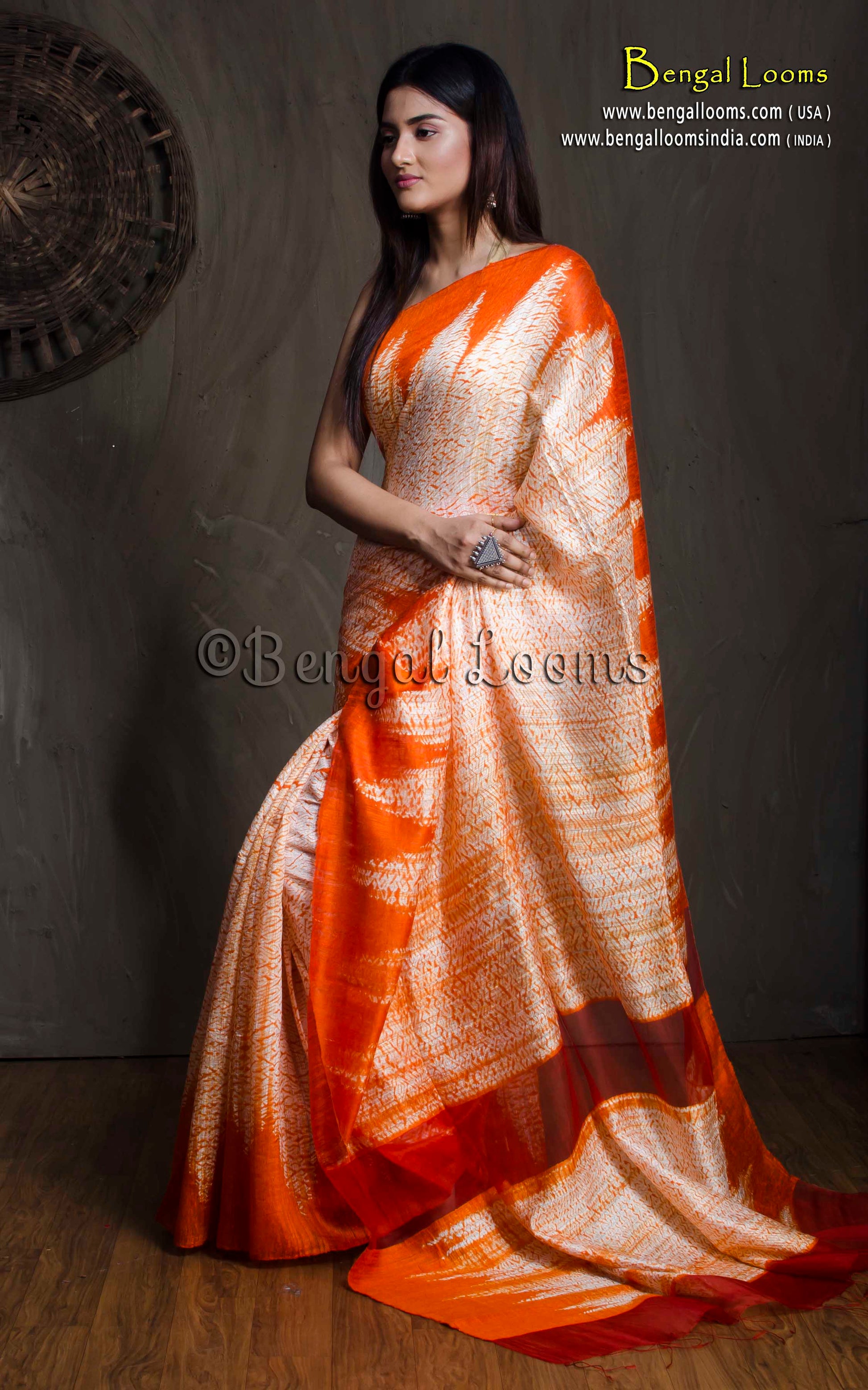 Pure Handloom Matka Shibori Saree in Beige & Orange