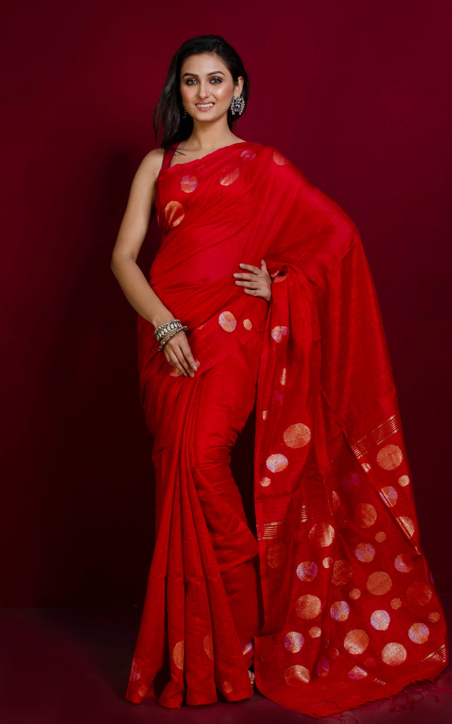 Premium Quality Kadiyal Dollar Butta Work Matka Tussar Saree in Crimson Red, Gold and Silver