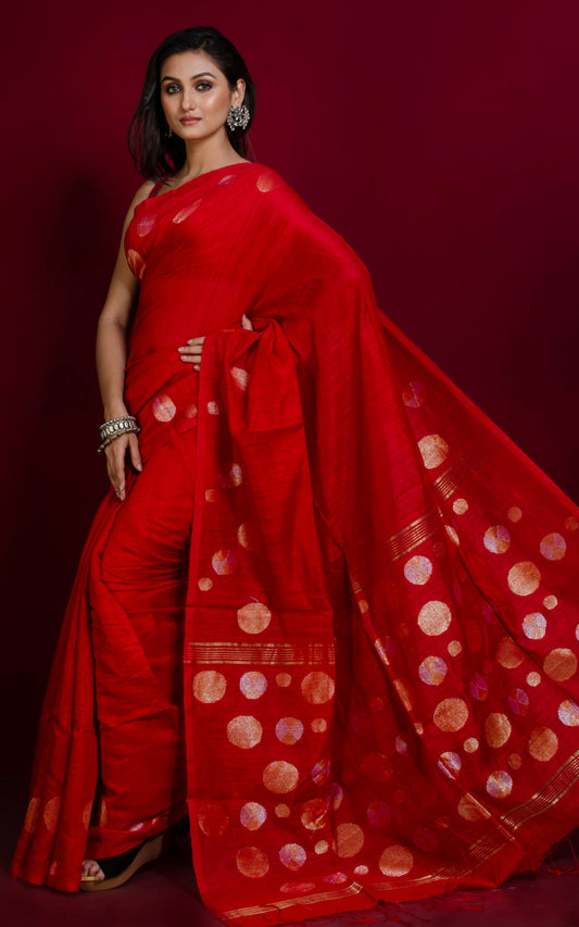 Premium Quality Kadiyal Dollar Butta Work Matka Tussar Saree in Crimson Red, Gold and Silver