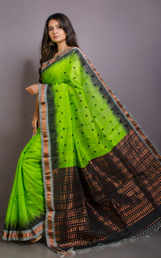 Super Soft Woven Sambalpuri Kotki Work on Medium Zari Nakshi Border Premium Matka Tussar Silk Jamdani Saree in Lawn Green and Black