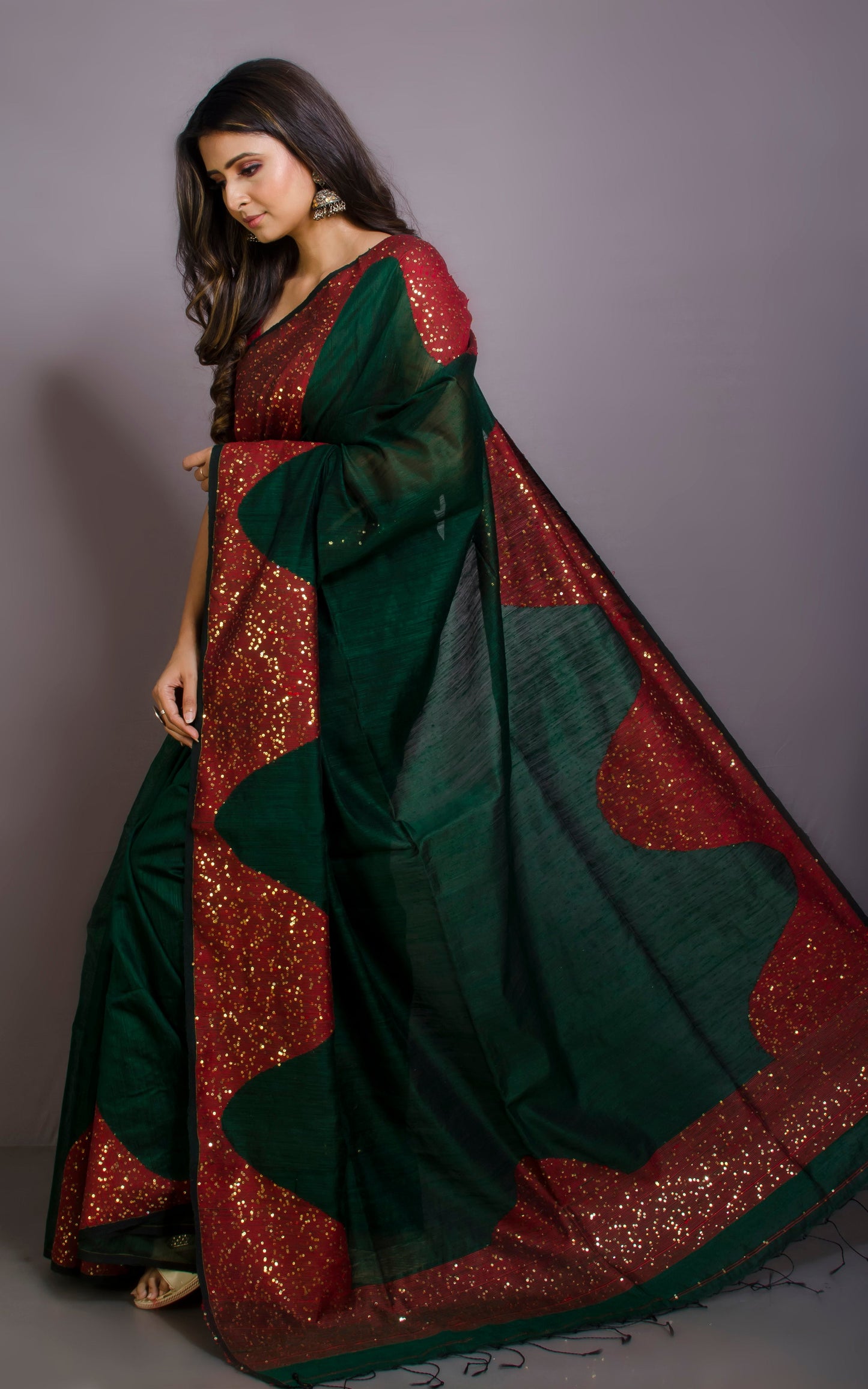 Woven Gold Studded Sequin Work Tussar Matka Silk Saree in Dark Green and Red
