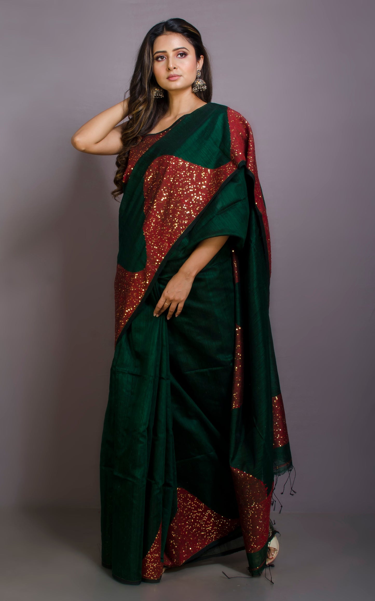 Woven Gold Studded Sequin Work Tussar Matka Silk Saree in Dark Green and Red