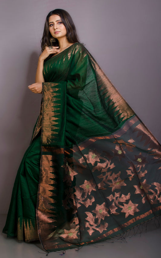 Crowned Temple Border Matka Tussar Silk Jamdani Saree in Dark Emerald Green and Copper Zari Work