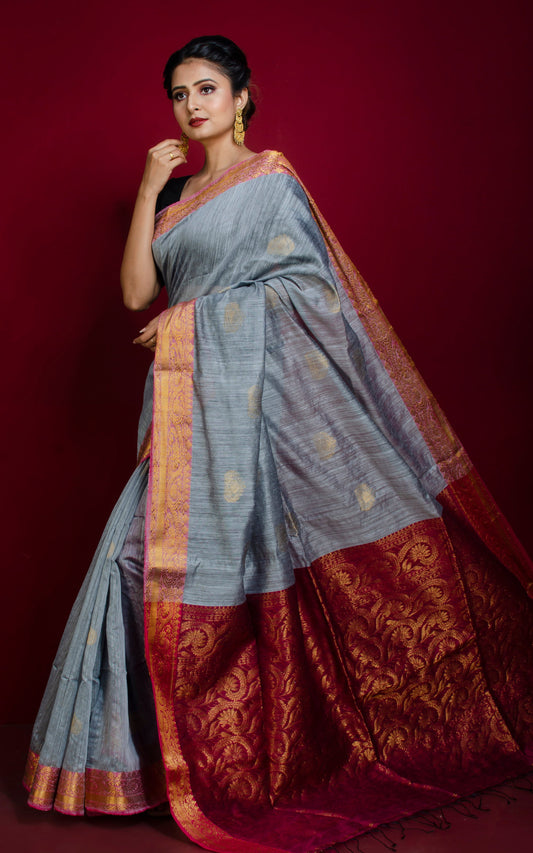 Matka Tussar Silk Banarasi Saree in Silver Grey, Hot Pink and Gold Zari Work