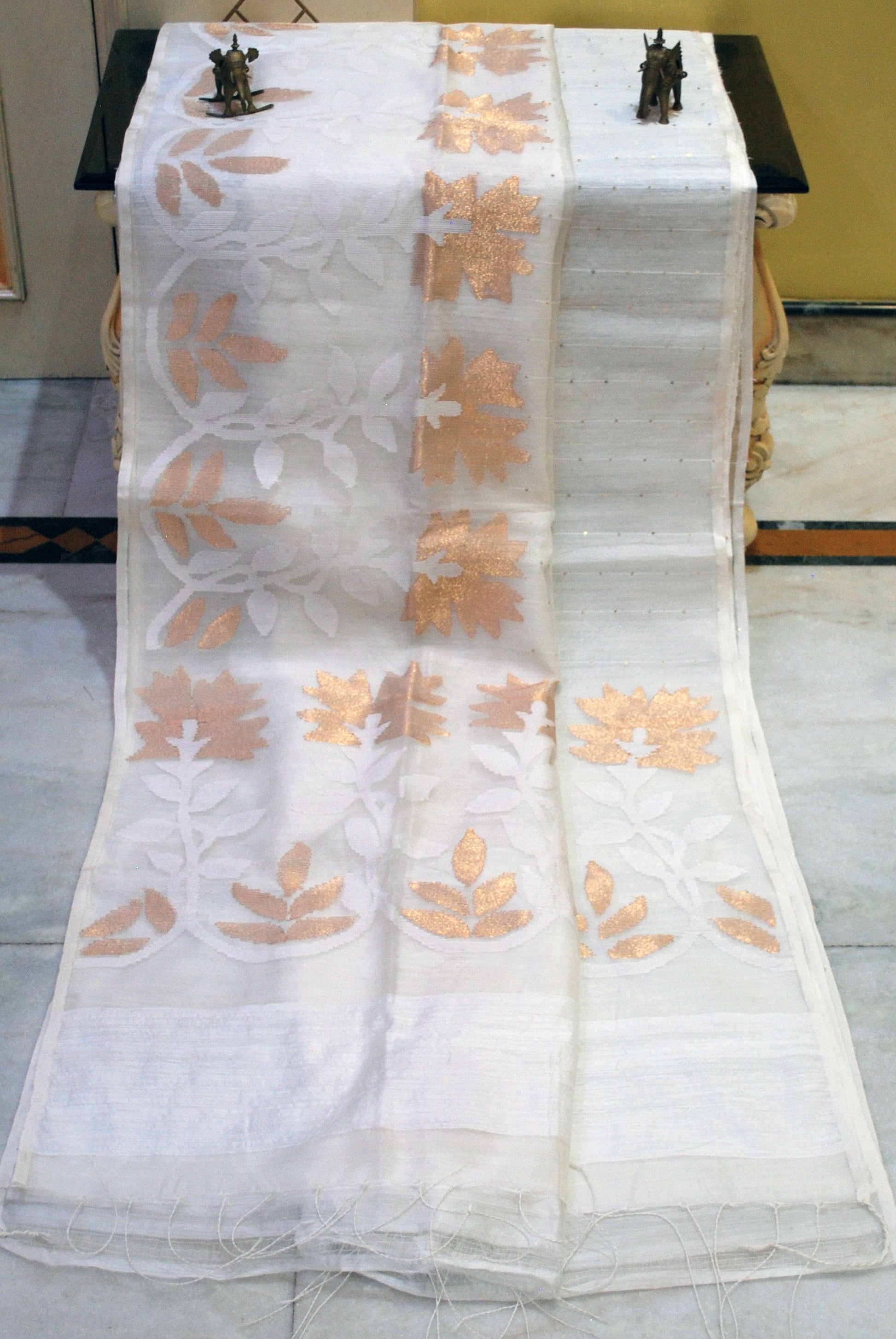 Sitara Work Half Tussar Silk and Half Muslin Saree in White and Gold