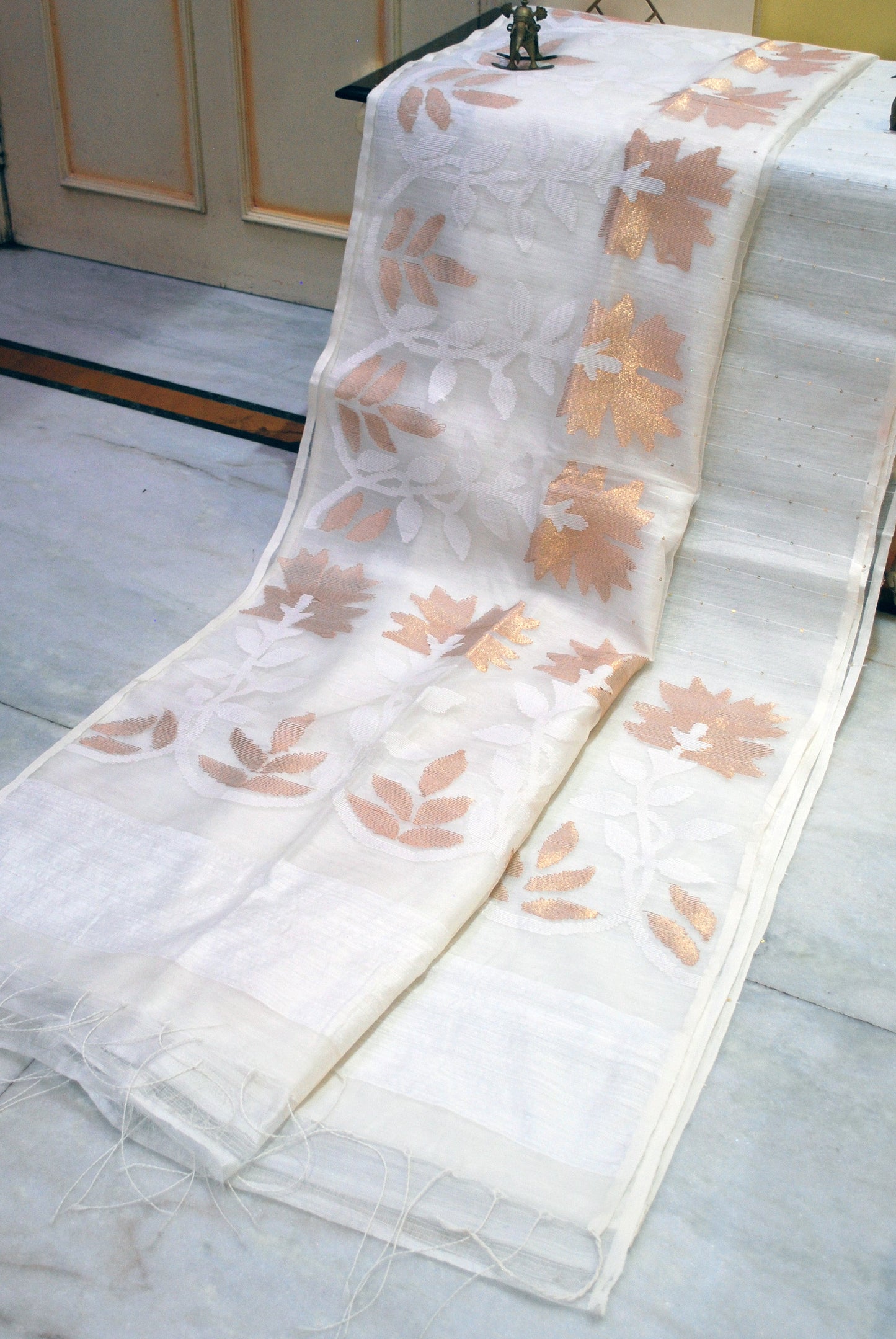 Sitara Work Half Tussar Silk and Half Muslin Saree in White and Gold