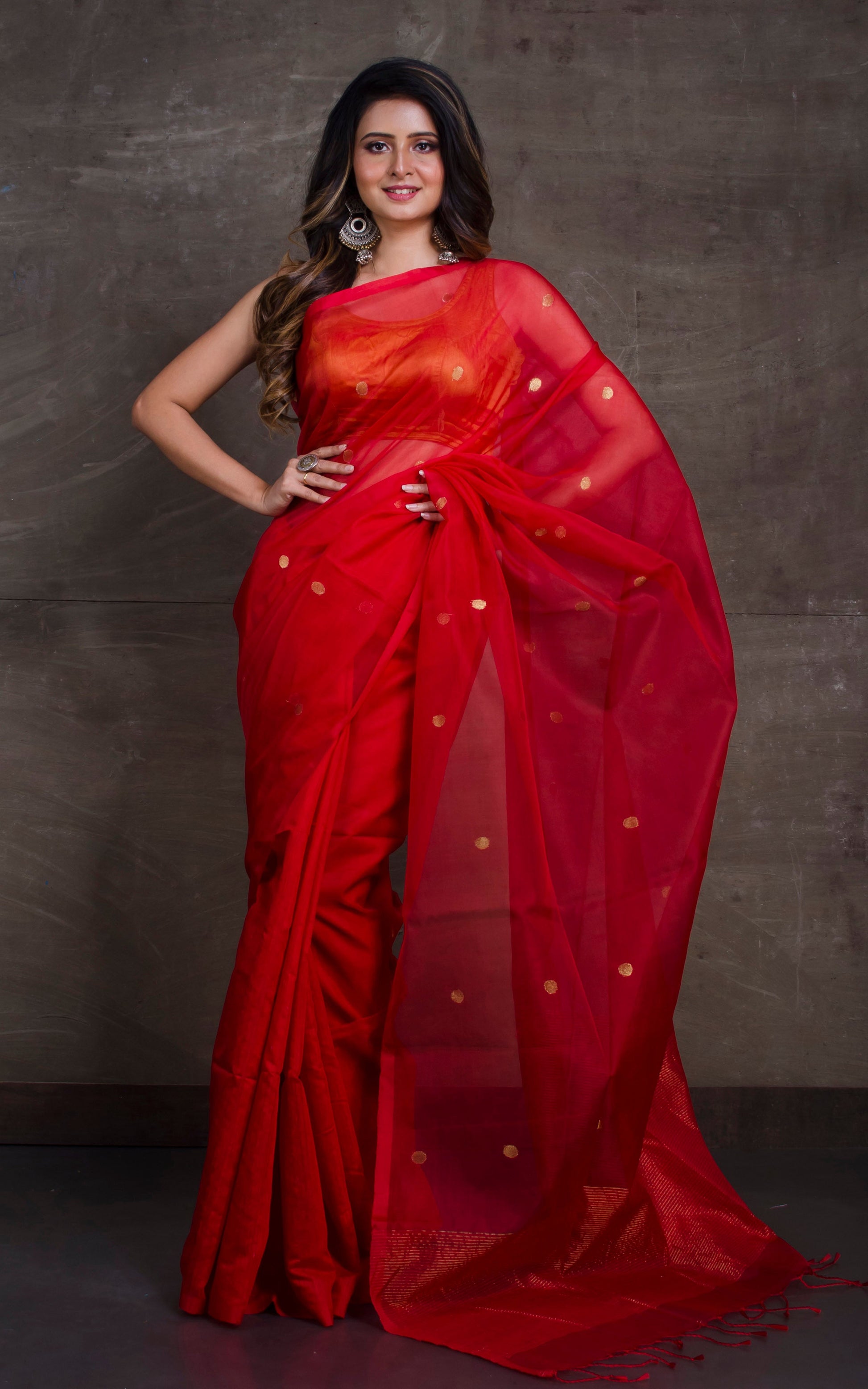 Half Tussar Silk and Half Muslin Saree in Crimson Red and Gold