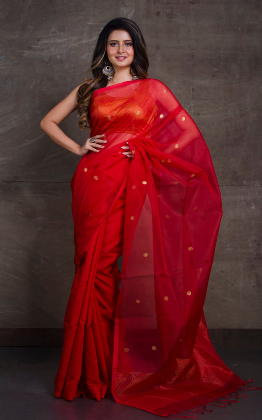 Half Tussar Silk and Half Muslin Saree in Crimson Red and Gold