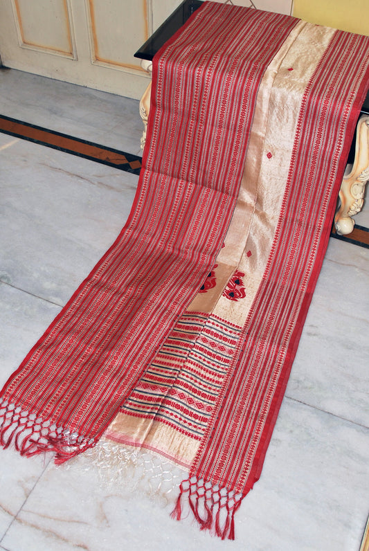 Premium Quality Tussar Silk Mahapar Nakshi Work Saree in Parmesan, Red and Black