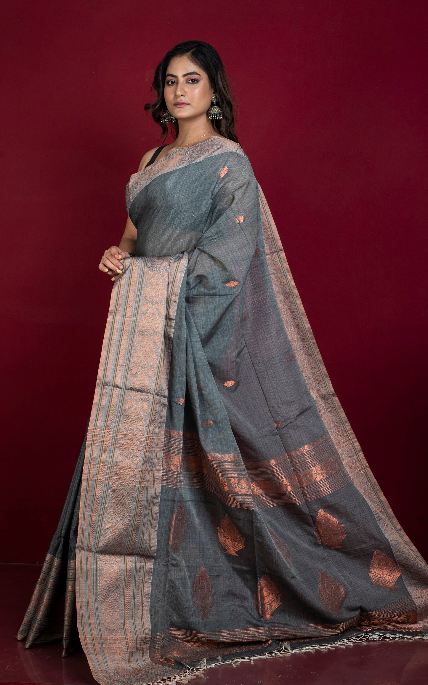 Handwoven Tussar Cotton Silk Banarasi Katan Saree in Metallic Grey and Copper