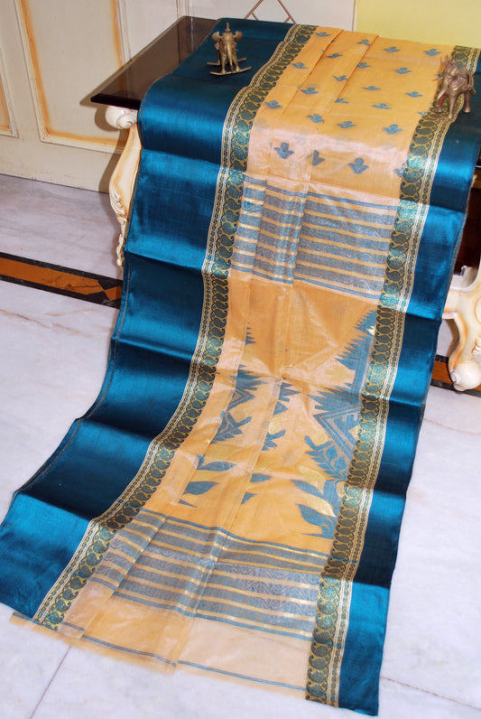 Satin Velvet Border Traditional Bengal Tussar Silk Saree in Beige and Dark Teal