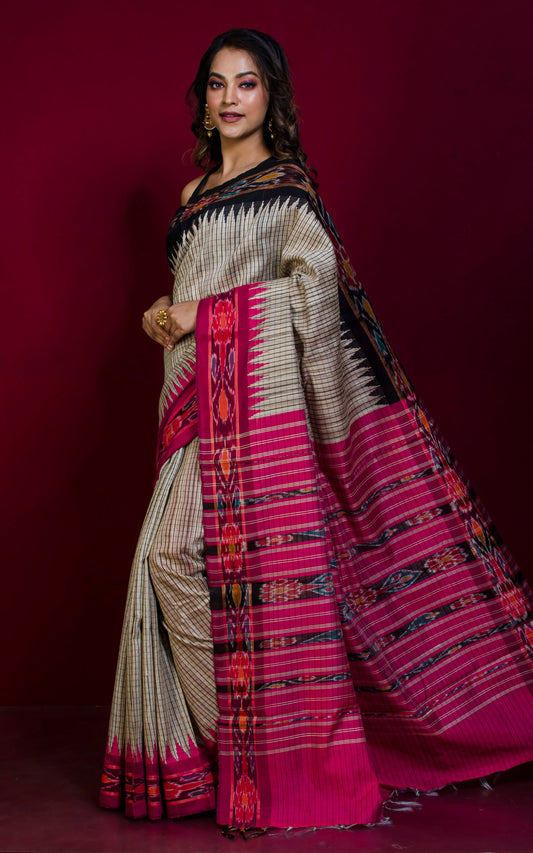 Woven Micro checks Tussar Sambalpuri Work Kotki Silk Saree in Beige, Black and Electric Pink