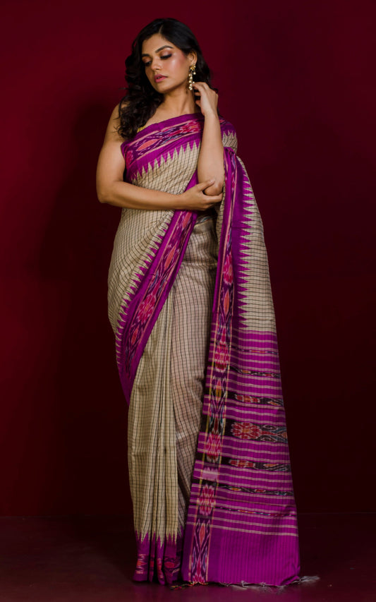 Woven Micro checks Tussar Sambalpuri Work Kotki Silk Saree in Beige, Black and Fandango Purple