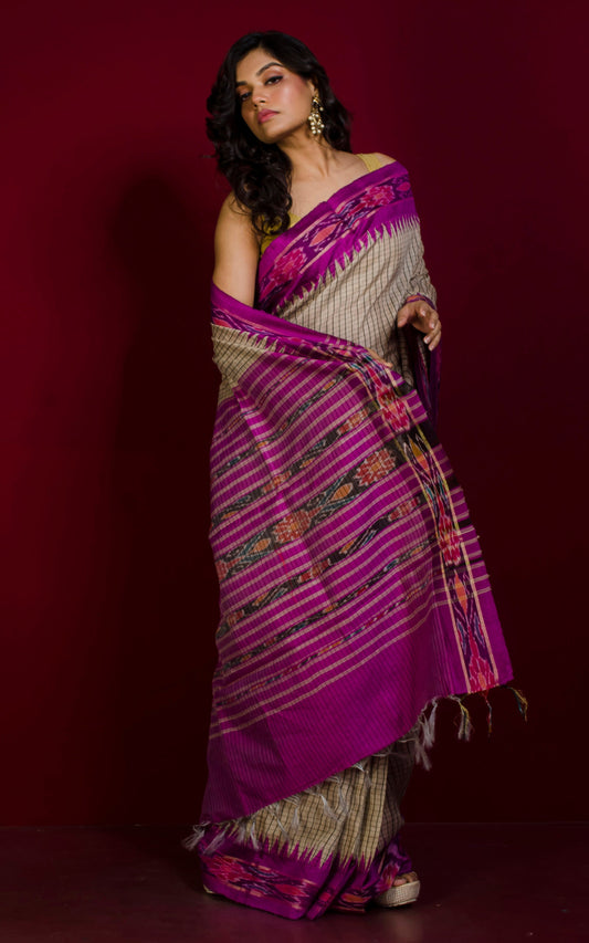 Woven Micro checks Tussar Sambalpuri Work Kotki Silk Saree in Beige, Black and Fandango Purple