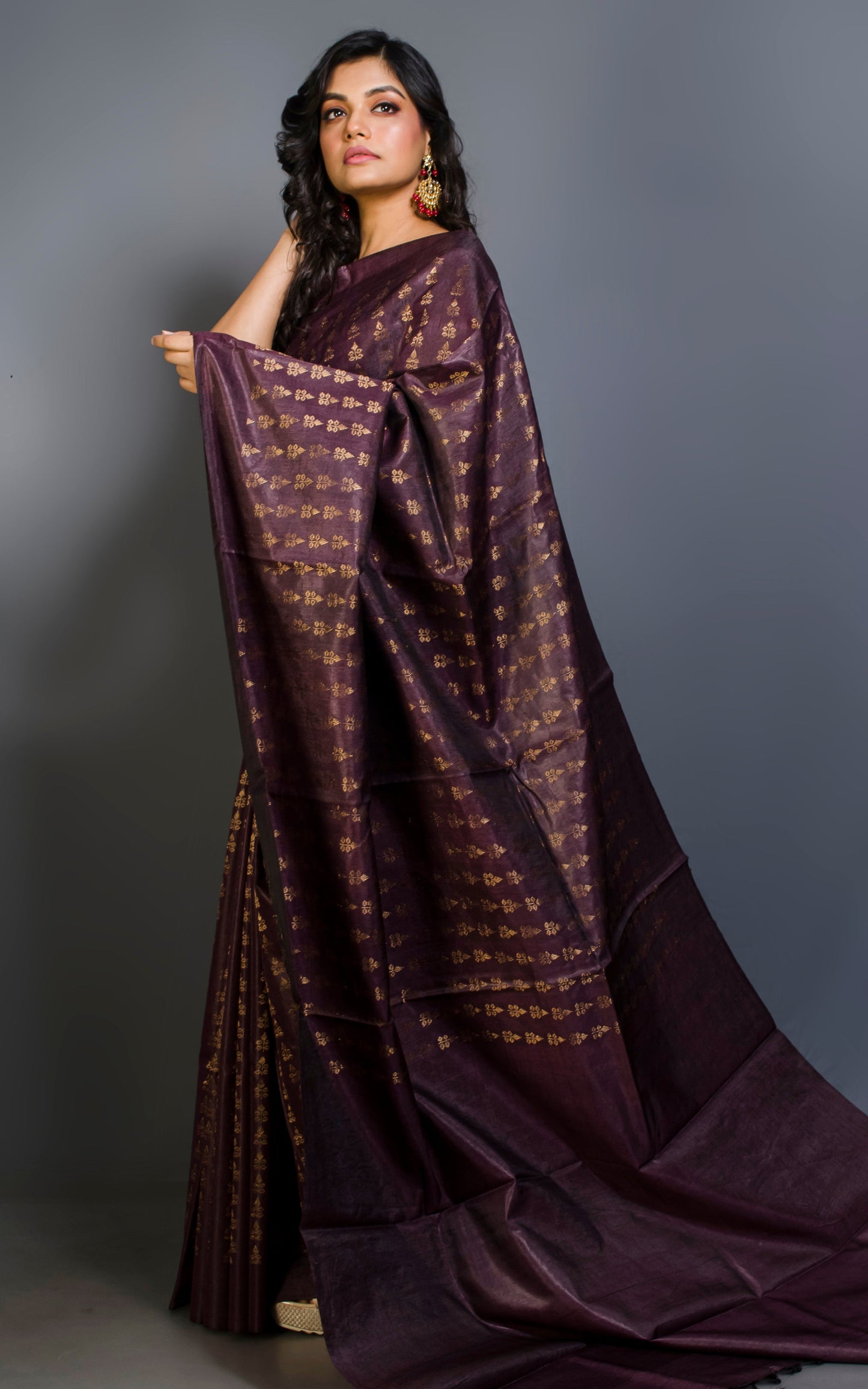 Handloom Jacquard Borderless Tussar Silk Saree in Dark Mulberry Purple and Muted Gold