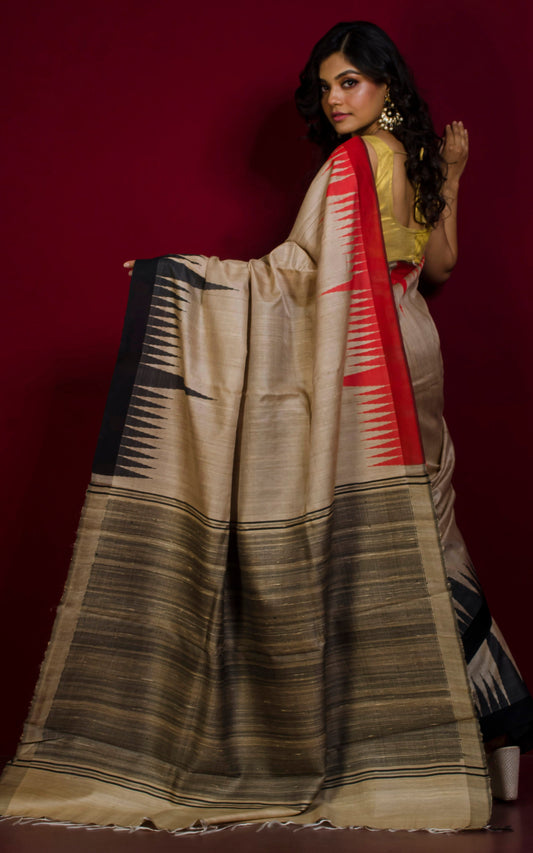 Handwoven Crowned Ganga Jamuna Temple Border Work Tussar Silk Saree in Beige, Red and Black