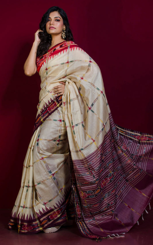 Handwoven Tussar Pochampally Checks Silk Saree in Beige, Red and Garnet