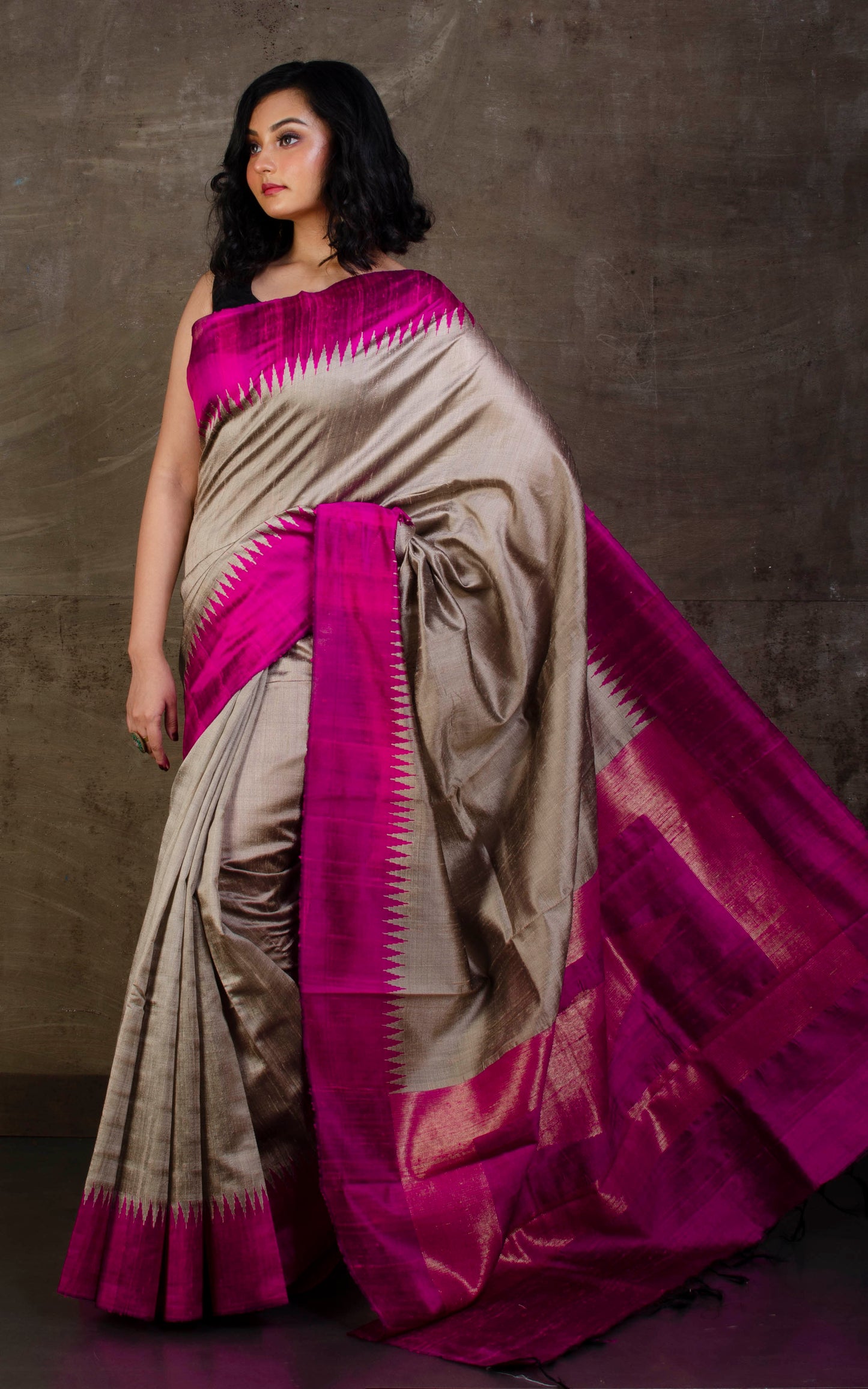 Handwoven Tussar Raw Silk Saree in Gilver and Magenta with Rich Pallu