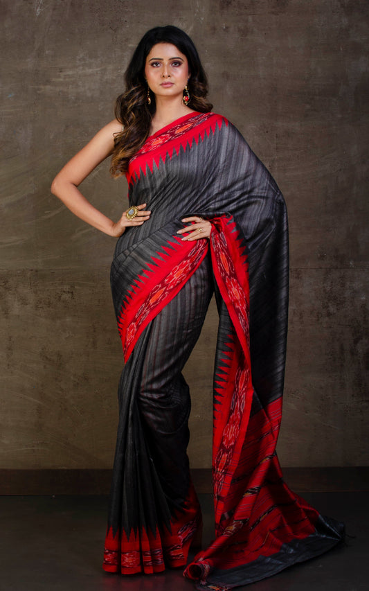 Tussar Sambalpuri Work Kotki Silk Saree in Dark Grey and Red