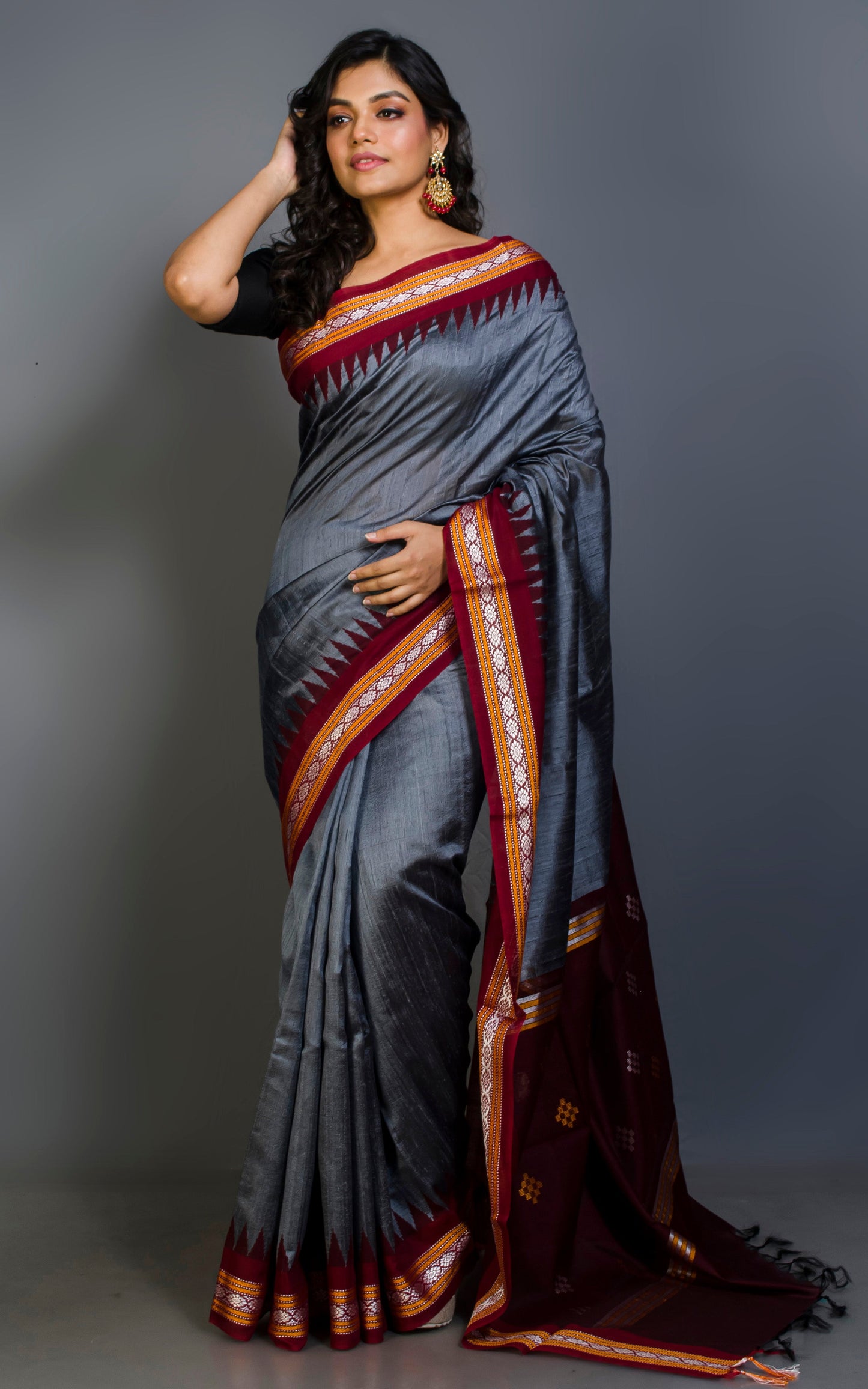 Vidarbha Tussar Raw Silk Saree in Pewter Grey, Maroon, Sunset Orange and Off White