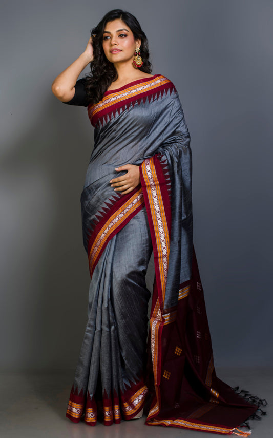 Vidarbha Tussar Raw Silk Saree in Pewter Grey, Maroon, Sunset Orange and Off White