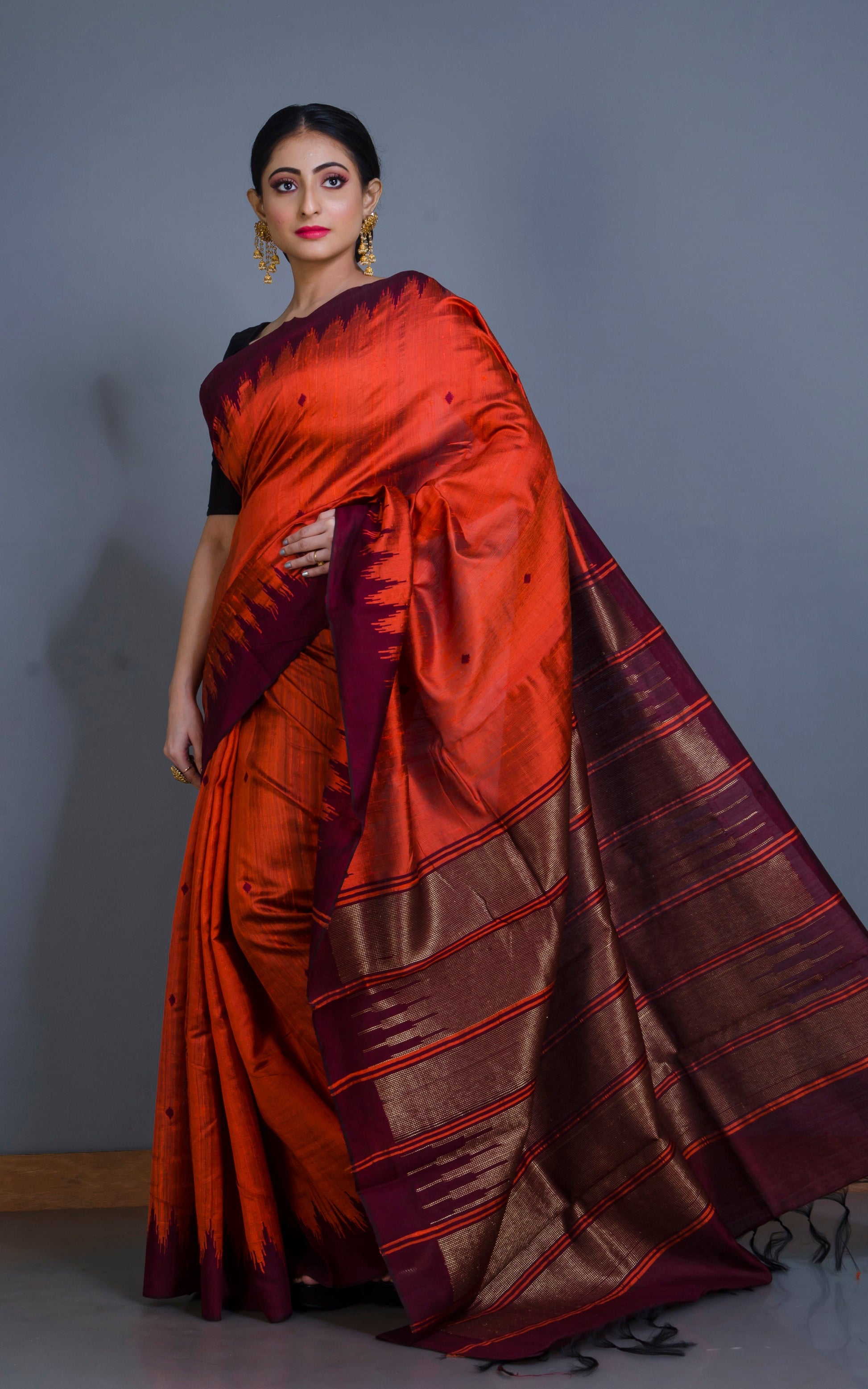 Handwoven Tussar Raw Silk Saree in Fire Orange and Maroon with Rich Pallu