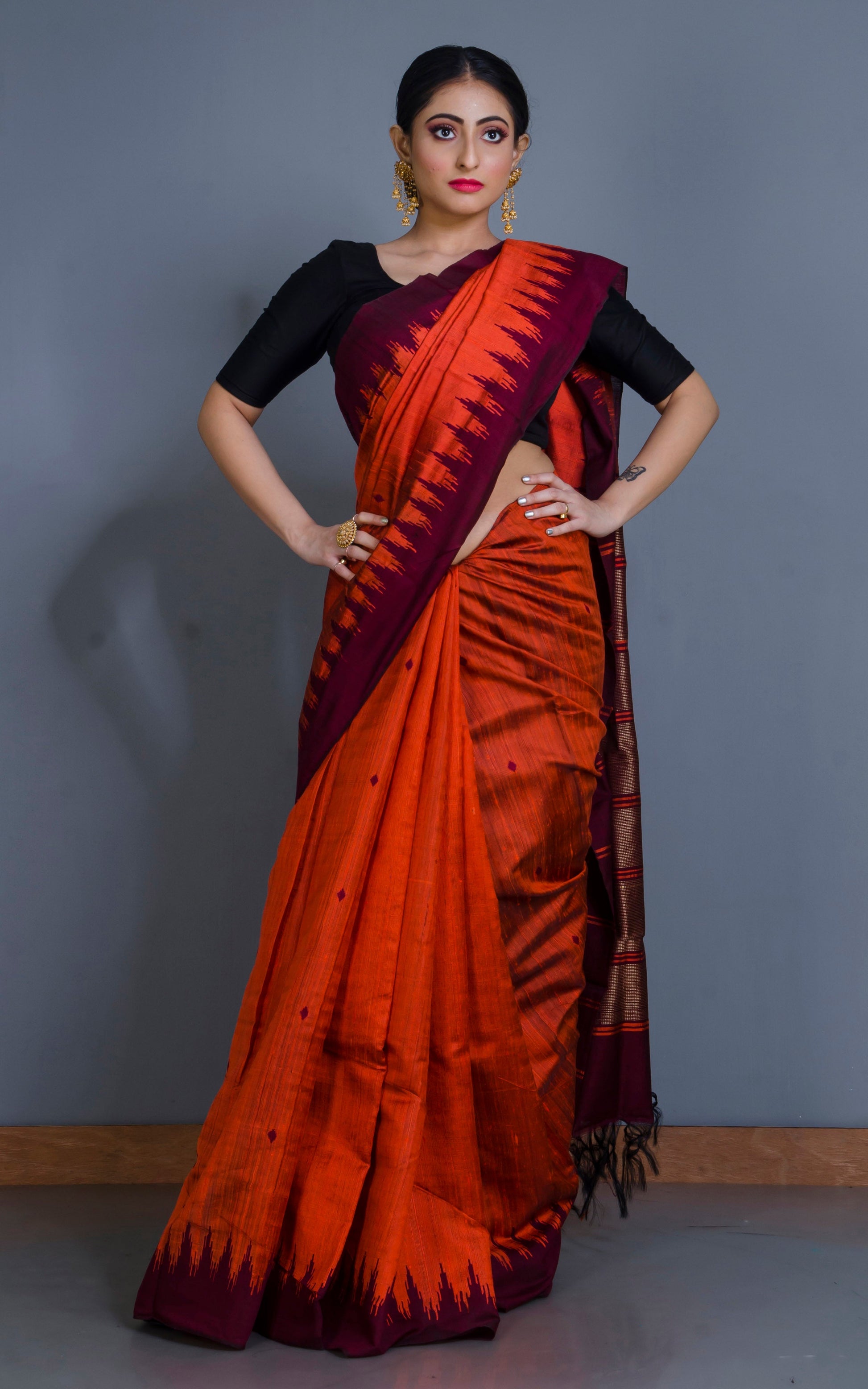 Handwoven Tussar Raw Silk Saree in Fire Orange and Maroon with Rich Pallu