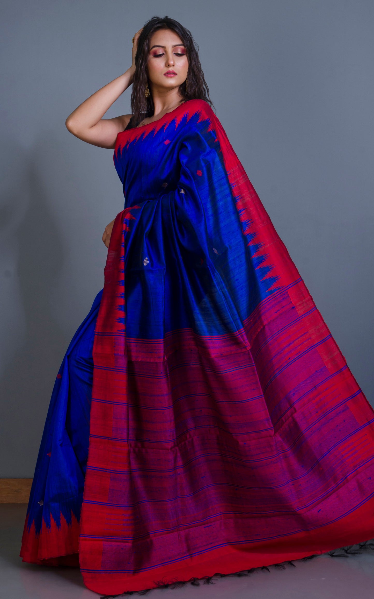 Handwoven Tussar Raw Silk Saree in Royal Blue and Dark Red