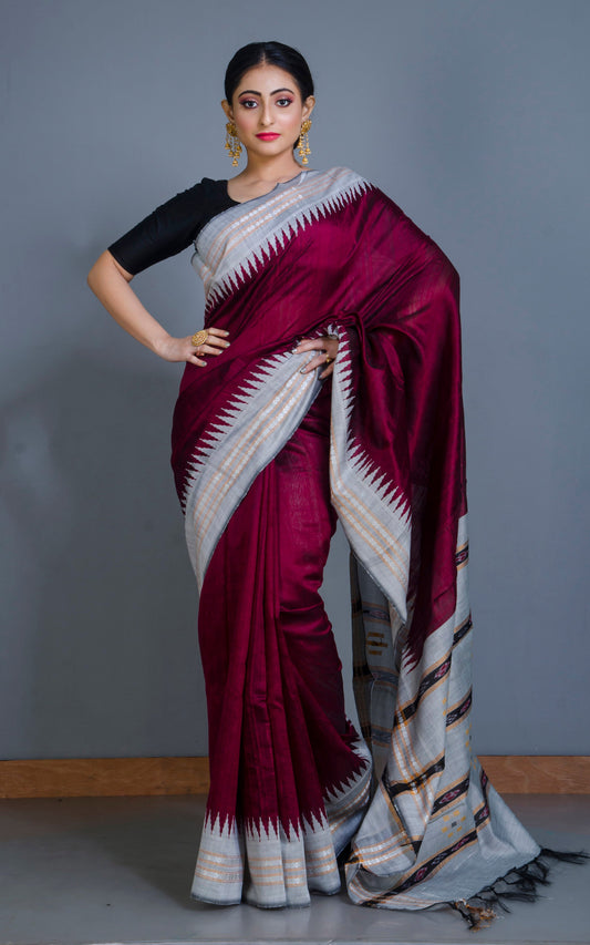 Vidarbha Tussar Raw Silk Saree in Maroon, Smoke Grey, Light Brown and Black