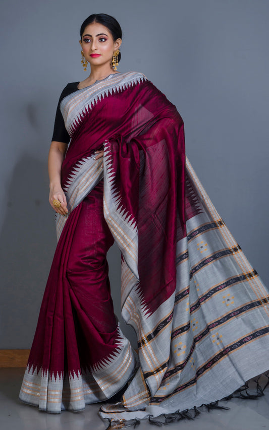 Vidarbha Tussar Raw Silk Saree in Maroon, Smoke Grey, Light Brown and Black