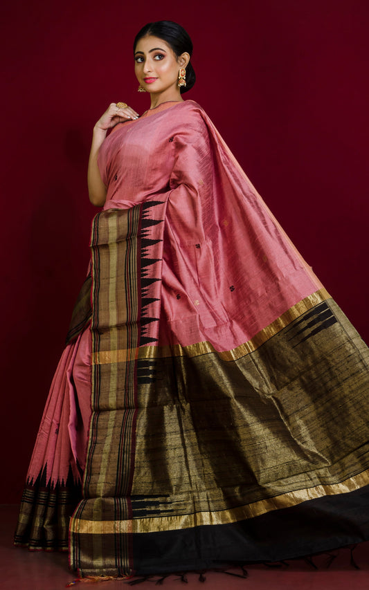 Soft Handwoven Tussar Raw Silk Saree in Flamingo Pink, Mahogany Brown and Brush Gold with Rich Pallu