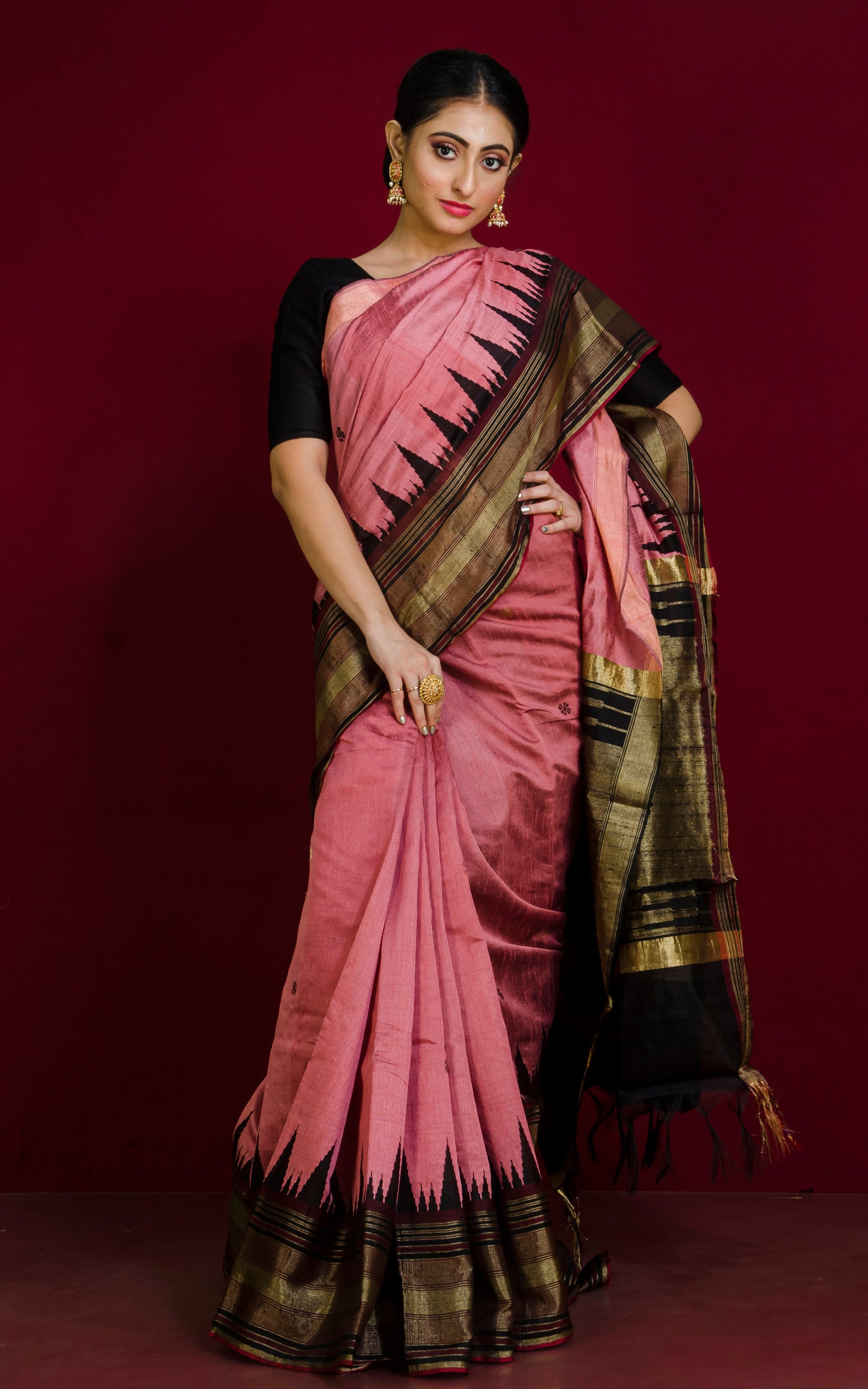 Soft Handwoven Tussar Raw Silk Saree in Flamingo Pink, Mahogany Brown and Brush Gold with Rich Pallu