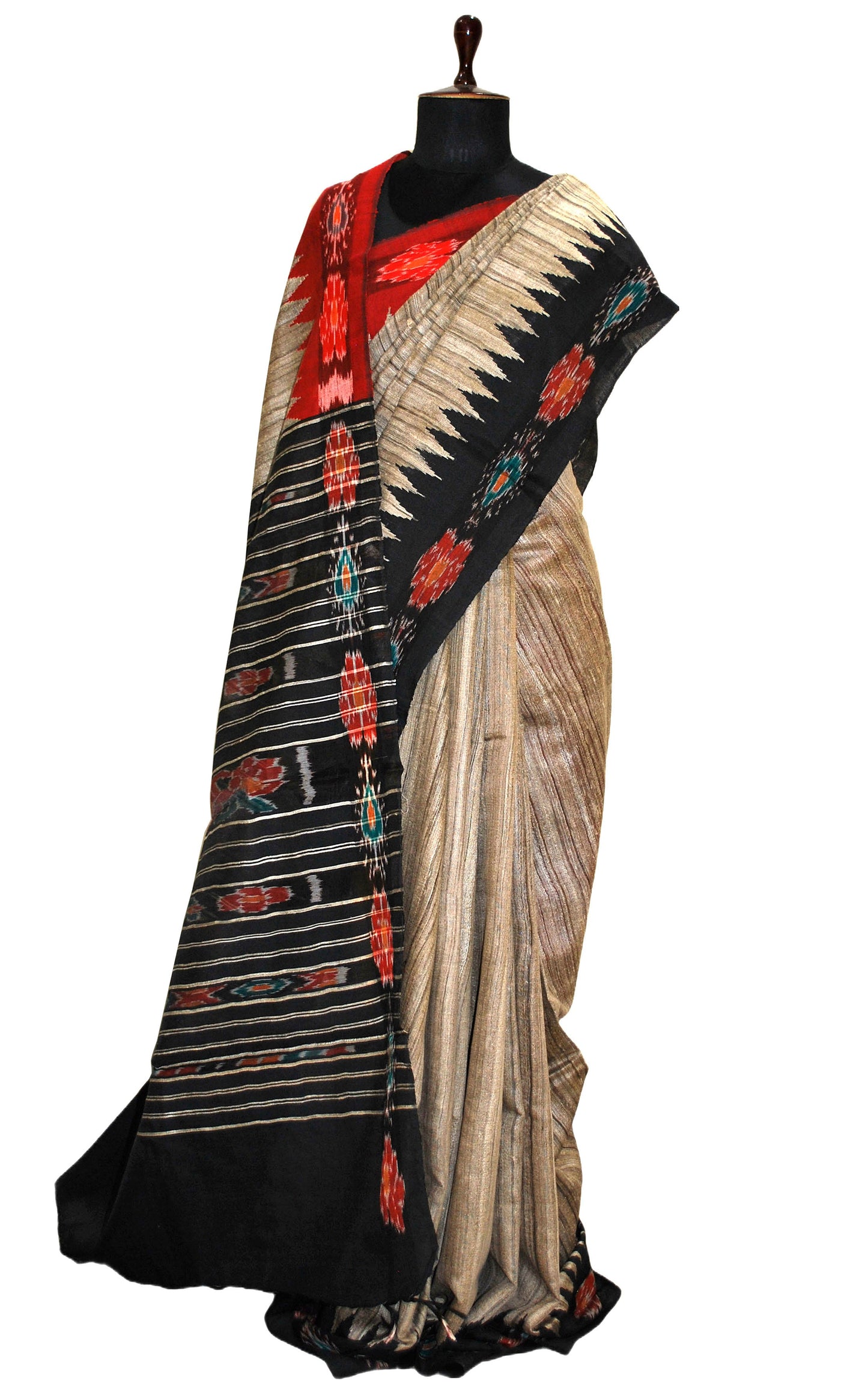 Tussar Sambalpuri Work Kotki Silk Saree in Natural Tussar with Ganga Jamuna Border