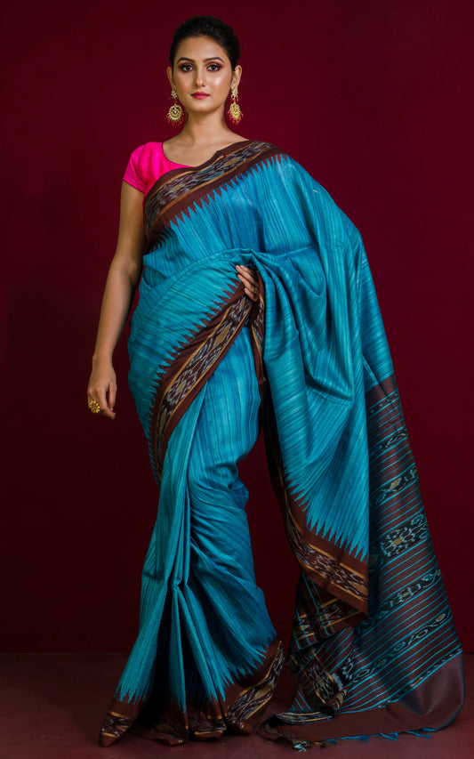 Tussar Sambalpuri Work Kotki Silk Saree in Cerulean Blue and Mocha Brown
