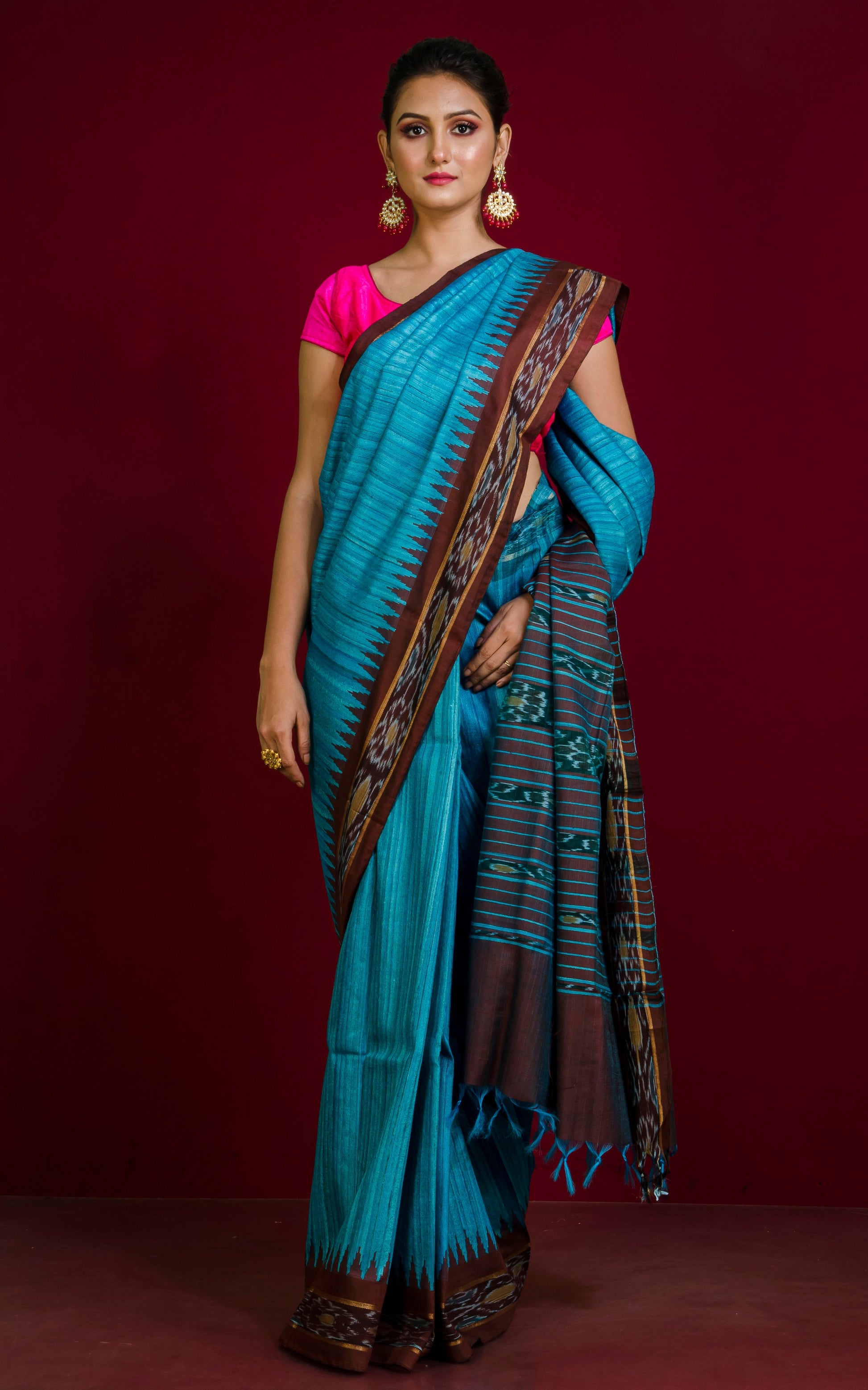 Tussar Sambalpuri Work Kotki Silk Saree in Cerulean Blue and Mocha Brown