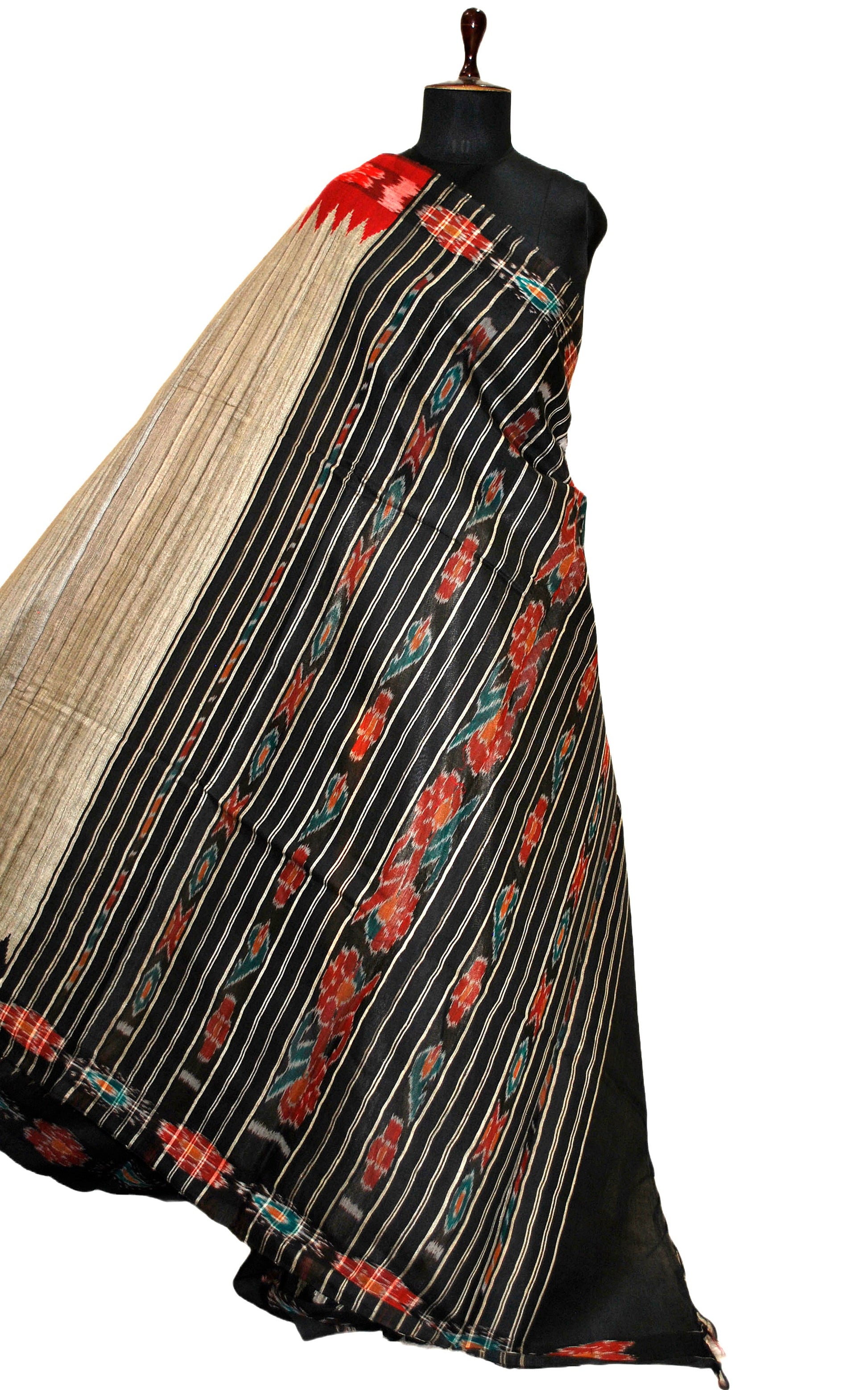 Tussar Sambalpuri Work Kotki Silk Saree in Natural Tussar with Ganga Jamuna Border