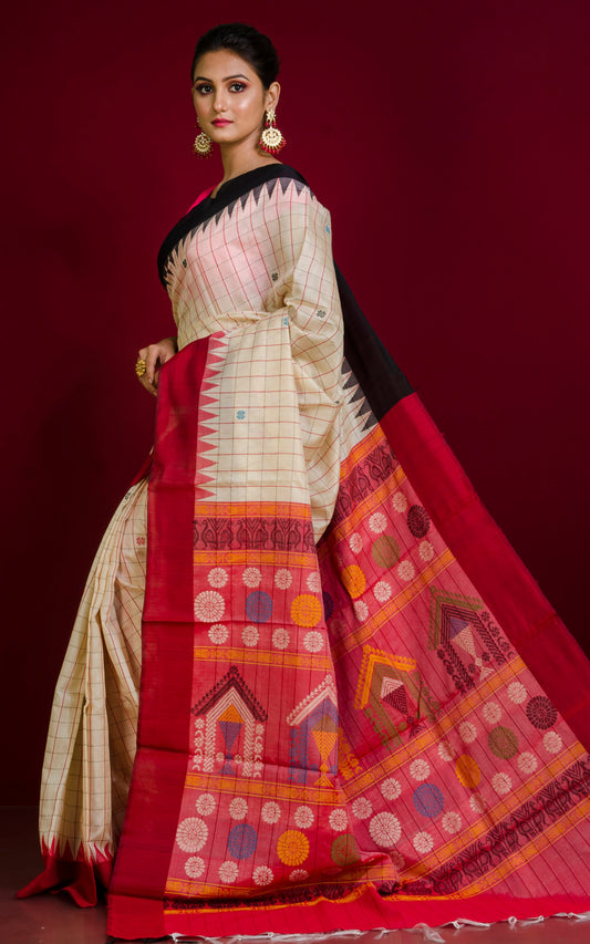 Dolabedi Woven Checks Work Tussar Silk Saree in Beige, Black, Red and Multicolored Thread Work